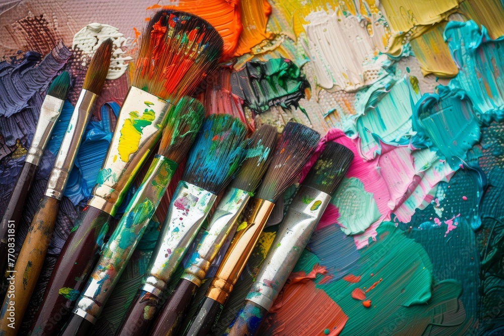 Fototapeta premium Colorful array of paintbrushes and paints on an artist's palette, vibrant and dynamic composition.