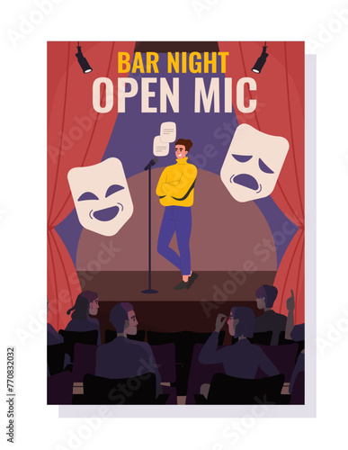 Bar night open mic concept. Man stands at scene. Satnd up wit microphone. Entertainment and cultural leisure. Humorist at stage. Cartoon flat vector illustration isolated on white background