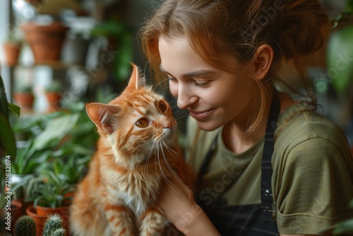 Successful businesswoman in green t-shirt, black apron caresses red cat, working with confidence and beauty photo