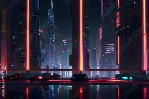Spectacular nighttime in cyberpunk city of the futuristic fantasy world features skyscrapers, flying cars, and neon lights. Digital art 3D illustration. Generative AI