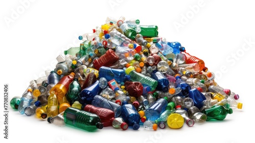Pile of colorful plastic trash bottles of various shapes isolated on white background