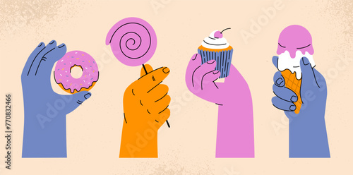 Hands with sweets vector set