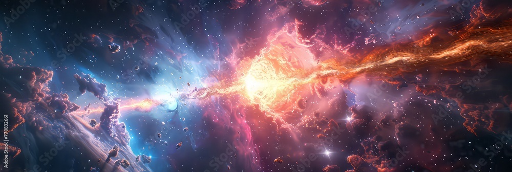 Digital Illustration the galactic collision scene with dynamic compositions and vibrant colors, capturing the raw energy and beauty of the cosmic event