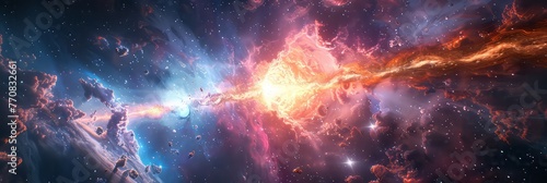 Digital Illustration the galactic collision scene with dynamic compositions and vibrant colors, capturing the raw energy and beauty of the cosmic event © NomadRichy