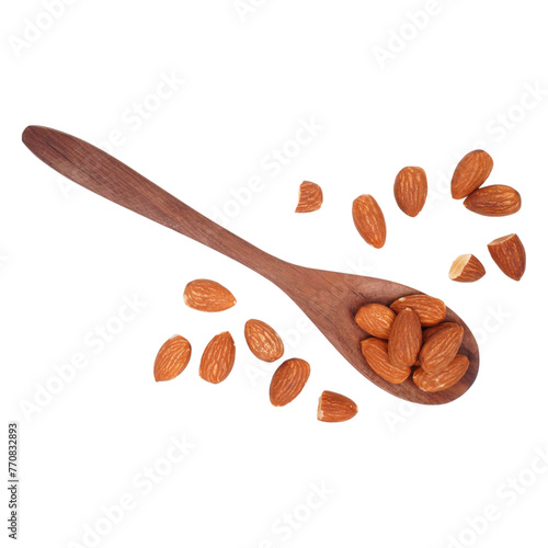 Almond nuts in the wooden spoon with some scattere isolated transparent photo