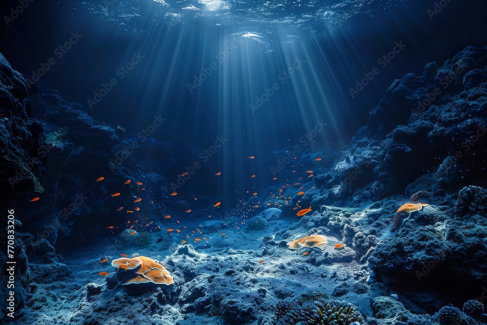 Underwater image capturing the mysterious and unexplored depths of the deep sea, showcasing exotic marine life and bioluminescent organisms against the dark, enigmatic ocean backdrop