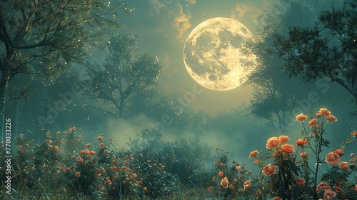 A moonlit garden, where night-blooming flowers open under the glow of the full moon.