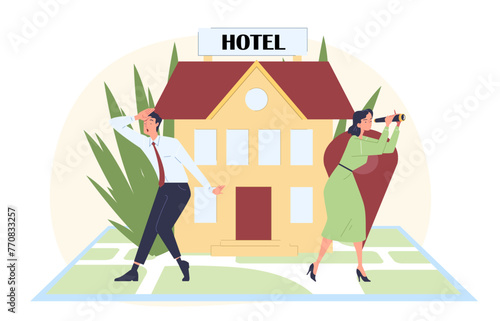 Booking hotel concept. Man and woman with telescope near building. Mobile application for travelers and tourists. Holiday and vacation. Cartoon flat vector illustration isolated on white background
