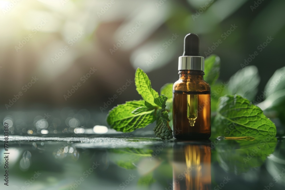 Close-up of a glass bottle of peppermint essential oil with a dropper cap, perfect for aromatherapy or natural remedies. Close-up of a glass bottle of peppermint essential oil with a dropper cap, perfect for aromatherapy or natural remedies.