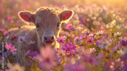 Cow Calf in Flower Field. AI Generative