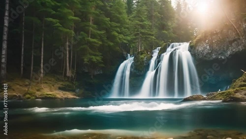 view of fountain in pine forest photo