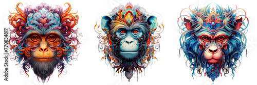 \ - A  set of Intricately detailed monkey tattoo & t-shirt design with vivid color in transparent background