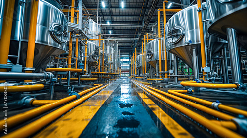 Symmetrical View of Pipes and Tanks in an Industrial Brewery 
