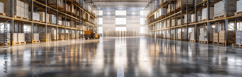 Empty Warehouse Interior with Shelves and Polished Floor 