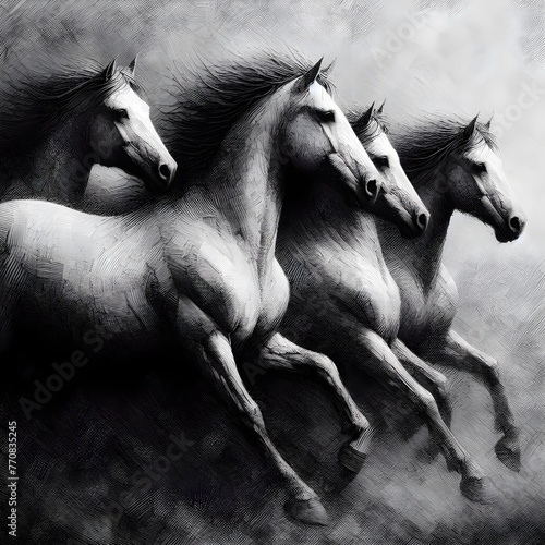 Abstract monochromatic four horses in mid-gallop against a textured background