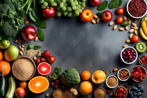 Healthy food eating selection: fruit, vegetable, seeds, superfood, cereal, on gray concrete background