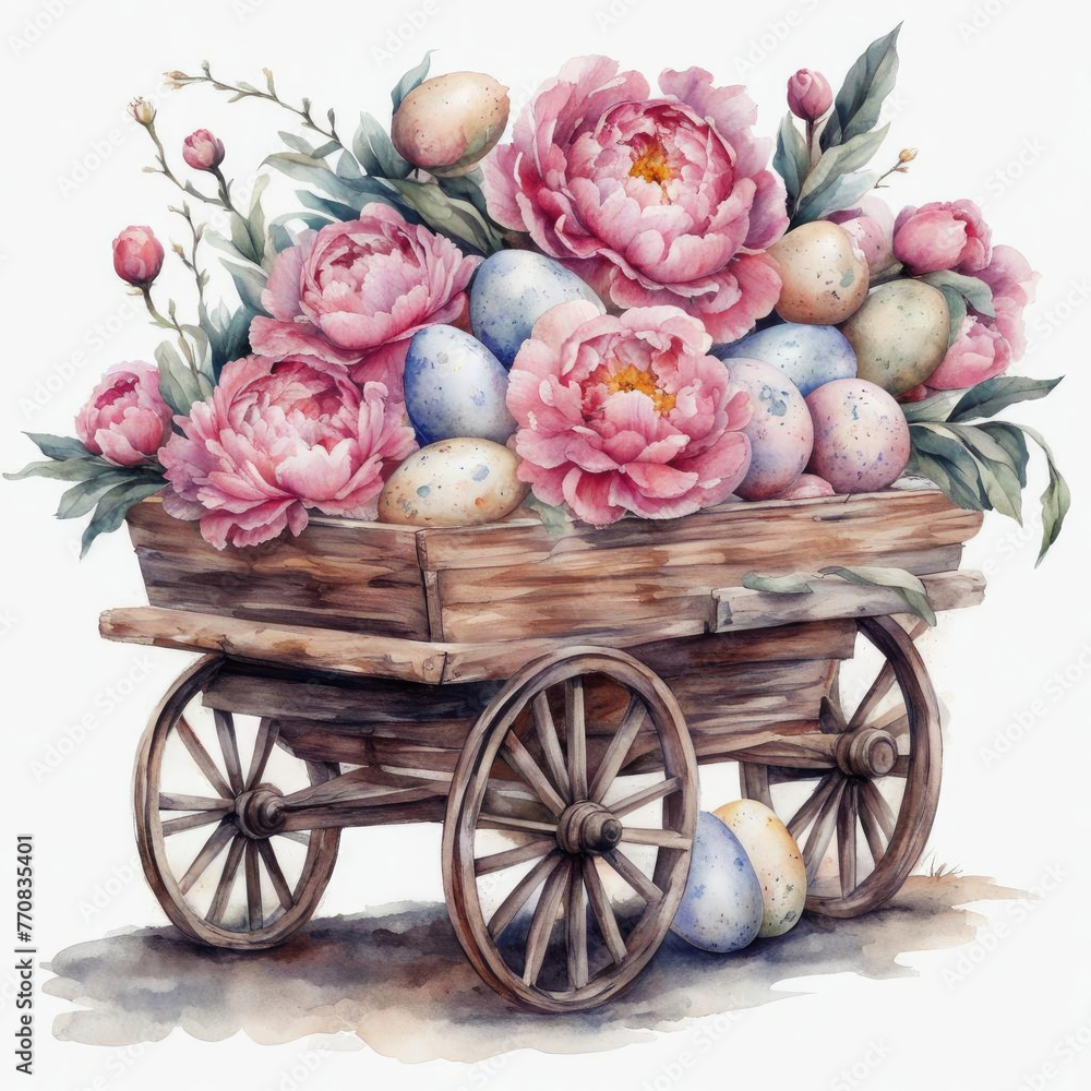Watercolor illustration of a wooden cart with Easter eggs and peonies