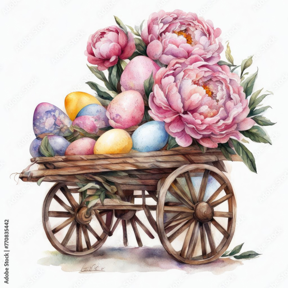 Watercolor illustration of a wooden cart with Easter eggs and peonies