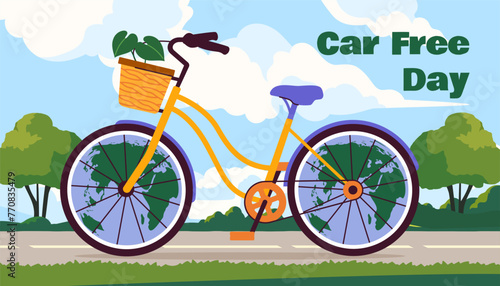 Car free day poster. Bicycle with flowerpot. Eco friendly transport. Cycle at city park. Care about nature and environment. International holiday and festival. Cartoon flat vector illustration photo