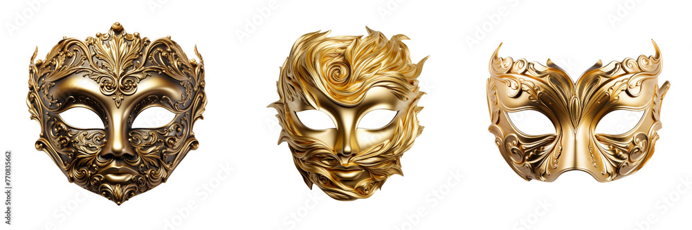 \ - A set of  Elegant representation of a golden opera mask  isolated on a transparent background (3)