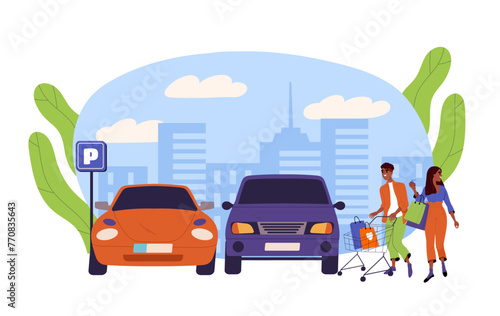 Car in parking lot concept. Man and woman with purchases near transport and automobile. Customers and clients with shopping bags. Cartoon flat vector illustration isolated on white background