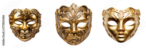 \ - A set of Elegant representation of a golden opera mask isolated on a transparent background (2)