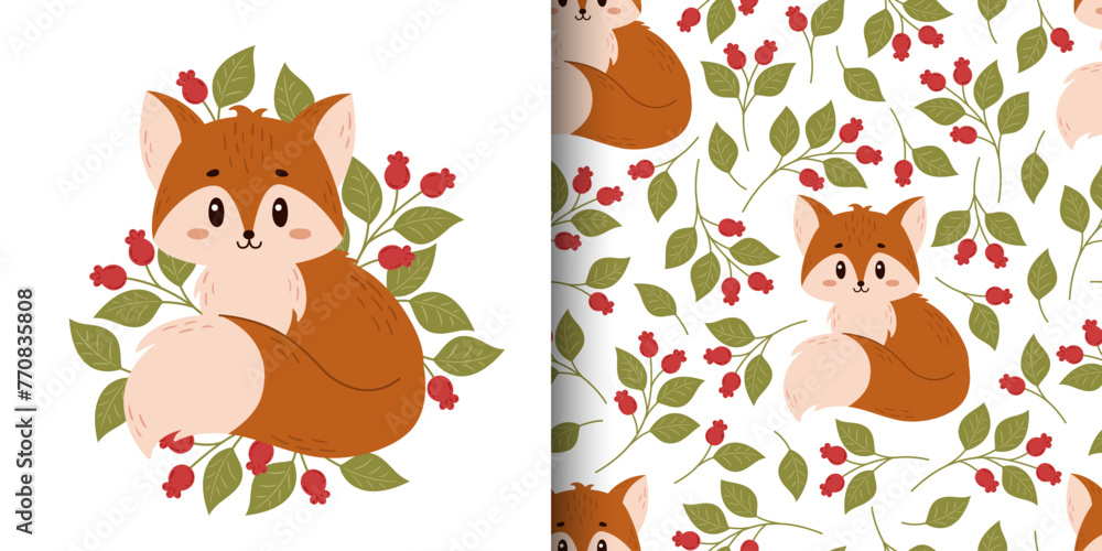 Vector composition and seamless pattern with fox