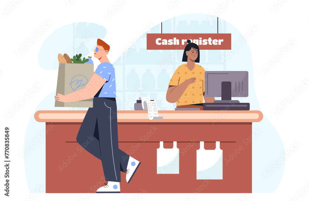 Cash register concept. Man with package with groceries. Client in store or shop. Vegetables and baguette. Customer and seller. Cartoon flat vector illustration isolated on white background Cash register concept. Man with package with groceries. Client in store or shop. Vegetables and baguette. Customer and seller. Cartoon flat vector illustration isolated on white background