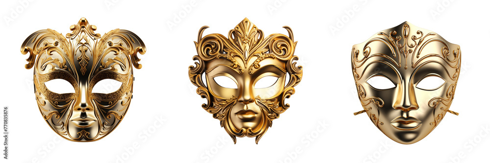 \ - A set of  Elegant representation of a golden opera mask  isolated on a transparent background (2)