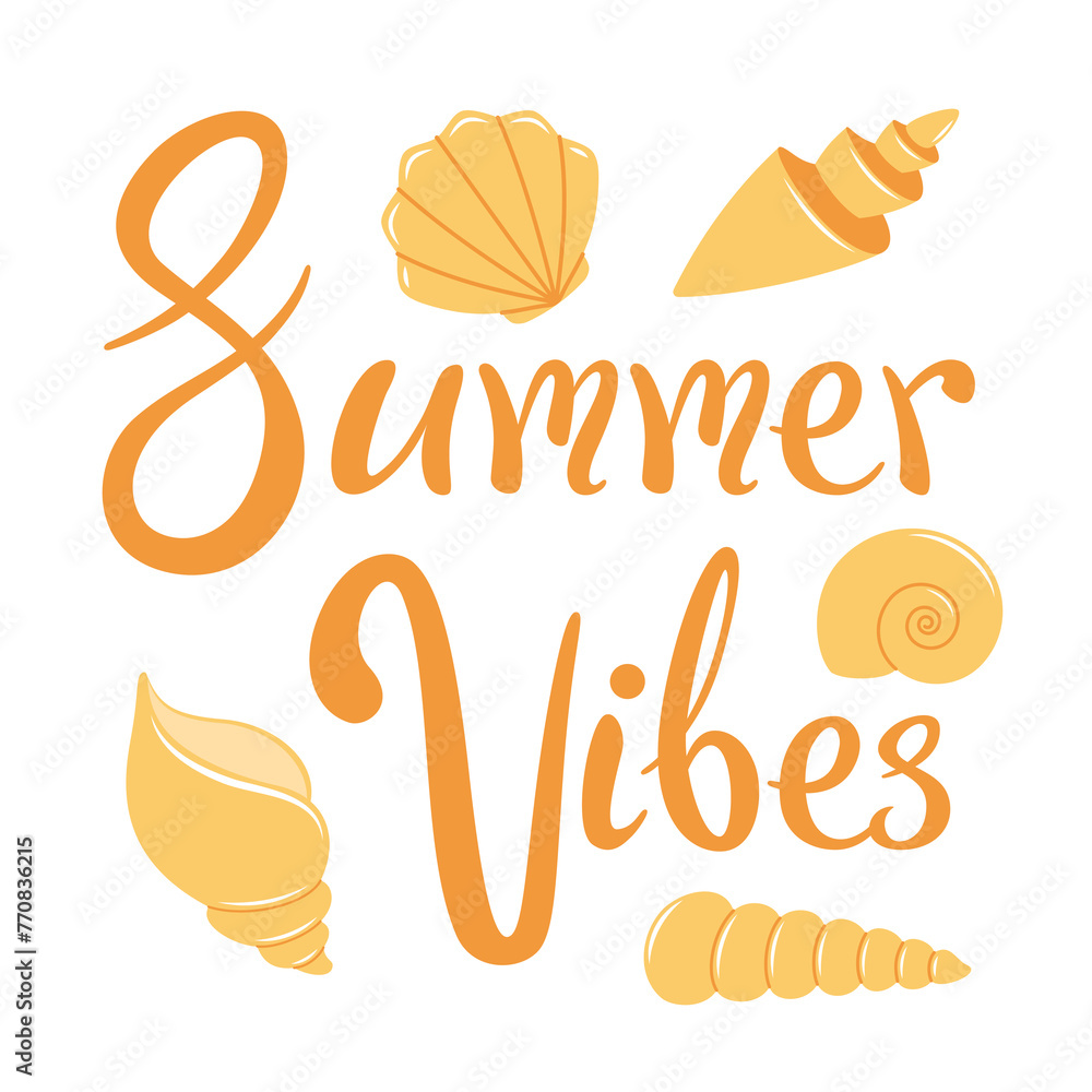 Obraz premium Vector summer composition with seashells and lettering
