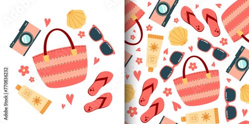 Vector summer composition and pattern with beach bag, sunglasses, seashell, flip-flops, camera and sunscreen