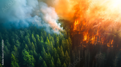 Aerial view of a forest fire and smoke