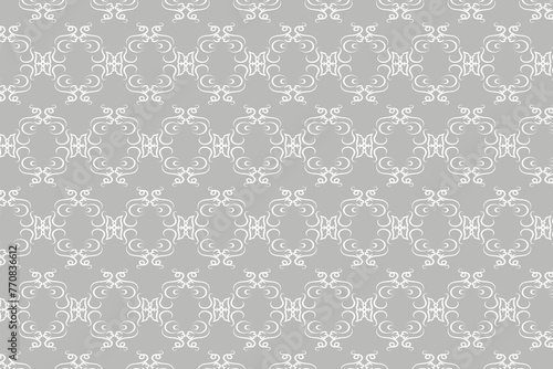 Seamless abstract pattern. Fantasy ornament with leaves and curls. White ornament on a light gray background for printing on fabric, appliques and cards. Flyer background design, advertising backgroun