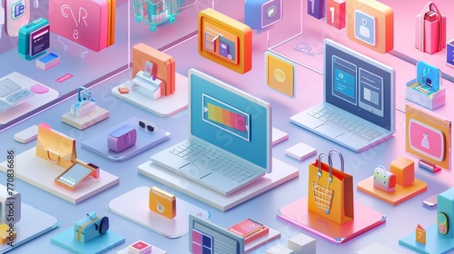 Collage of shopping platforms, showcasing payment options, customer service scenarios, and diverse product selections, in a vibrant and engaging layout