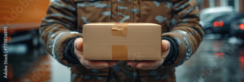 A delivery man's hands carry a package for delivery, with a transport truck in the background. The detailed image shows the delivery man holding a labeled cardboard box.