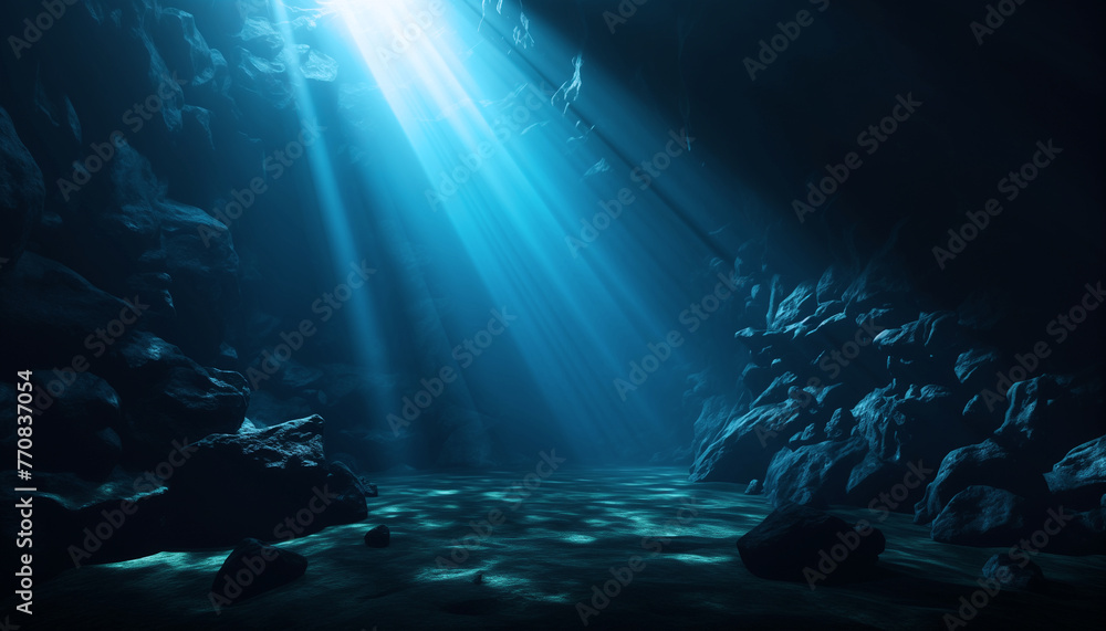 underwater scene featuring a rock cave with sunlight shining through the water