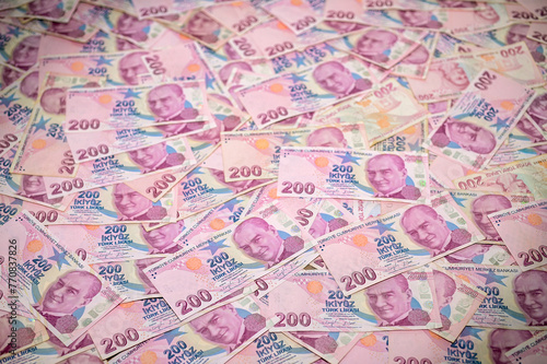 Turkish lira background. Turkish money. 200tl banknotes. Banner for the site, desktop wallpaper, space for copying text 1 photo