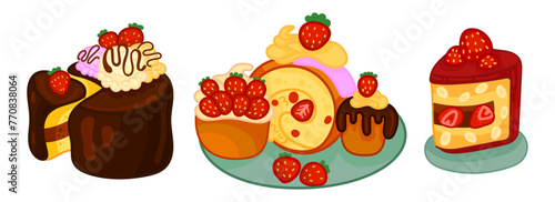 Bakery and pastry shop desserts banner set. Cake, cake slices, chocolate brownie, fruit dessert, cherry, strawberry, cookie and caramel. Vector illustration. © Zhamilya