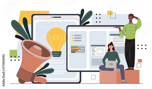 Man and woman working concept. Freelancers and remote workers, coworkers with loudspeaker and lightbulb. Earning s on internet. Cartoon flat vector illustration isolated on white background