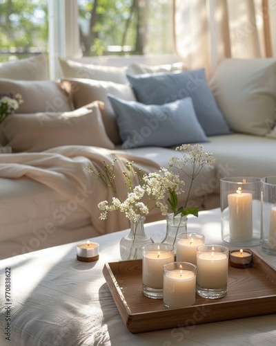 A living room with a white sofa, beige and light blue pillows on the couch, scented candles in vases placed next to it, natural sunlight shining through large windows © Chand Abdurrafy