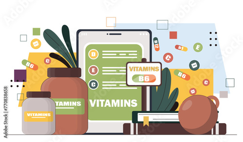 Healthy complex concept. Natural and organic supplements and vitamins for healthy and active lifestyle. Health care and medicine. Cartoon flat vector illustration isolated on white background