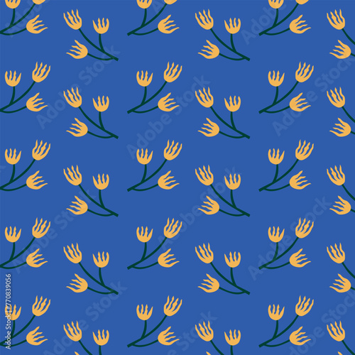 Seamless pattern with abstract flowers on a blue background. Vector illustration.