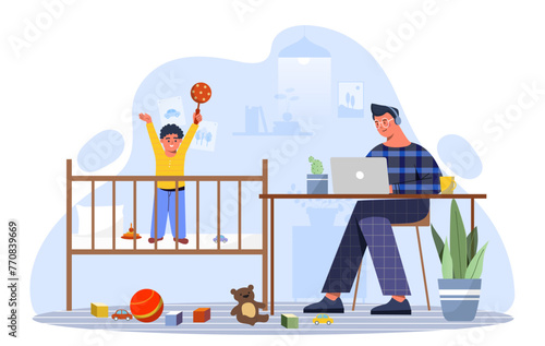 Father with son concept. Man with laptop near kid at bedroom. Parenthood and childhood. Freelancer and remote worker at home. Cartoon flat vector illustration isolated on white background