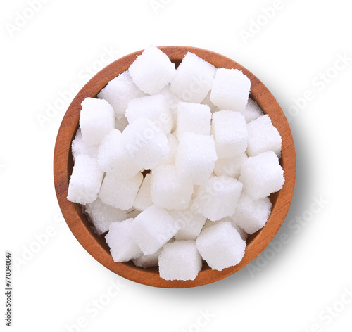 White sugar cubes in wooden bowl isolated on white background
