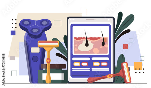 Depilation and epilation concept. Razors and cosmetics products for hair deleting. Beauty and aesthetics. Care about skin and body. Cartoon flat vector illustration isolated on white background