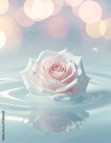 水に浮かぶみずみずしい淡いピンクのバラの花