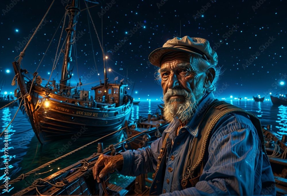 Obraz premium An old man on board a fishing vessel