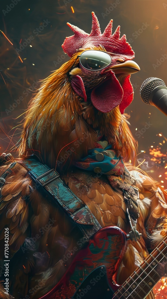A chicken in rock,Chinese-style cyberpunk, sunglasses, electric guitar, microphone, background of explosion.