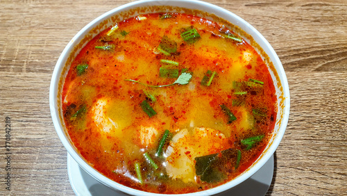 Tom Yum Soup (Tom Yum Goong) In The Big Bowl. Tom Yum Is One Of The Best Known Thai Dishes.