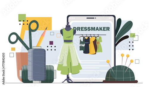 Dressmaker online concept. Dummy with green dress and scissors. Seamstress and atelier, tailoring. Cushion pin with needles. Handmade and handicraft. Cartoon flat vector illustration